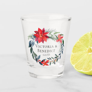 Red Poinsettia Floral Christmas Wedding Custom Shot Glass