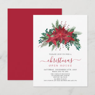 Red Poinsettia Floral Script Christmas Open House Invitation Postcard
