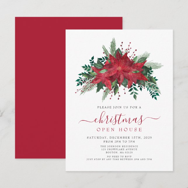 Red Poinsettia Floral Script Christmas Open House Invitation Postcard (Front/Back)
