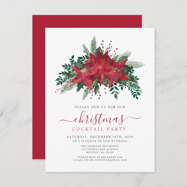 Red Poinsettia Floral Script Christmas Party  Invitation Postcard (Front/Back)