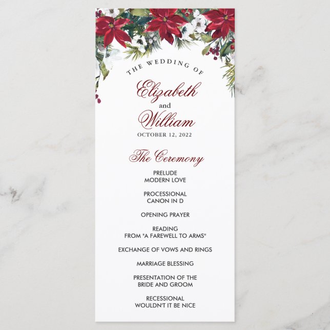 Red Poinsettia Floral Watercolor Wedding Ceremony Program (Front)
