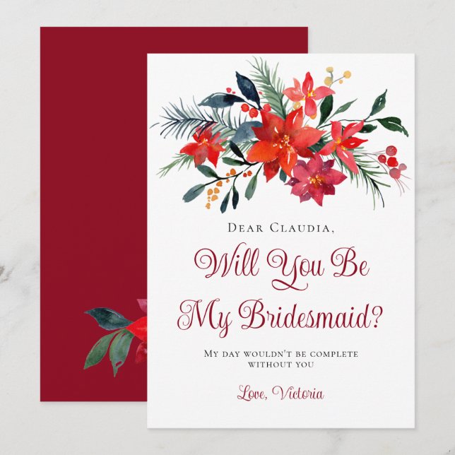 Red Poinsettia Floral Will You Be My Bridesmaid Invitation (Front/Back)