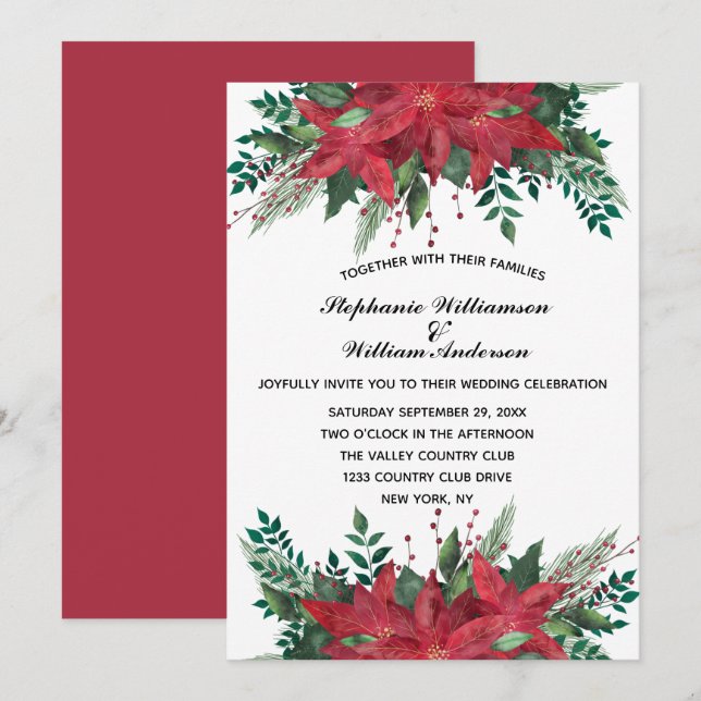 Red Poinsettia Floral Winter Christmas Wedding Inv Invitation (Front/Back)