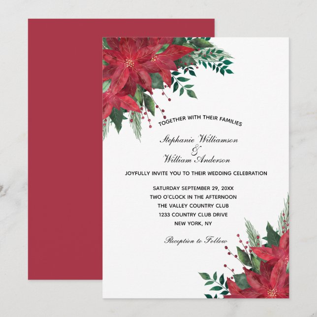 Red Poinsettia Floral Winter Christmas Wedding  Invitation (Front/Back)