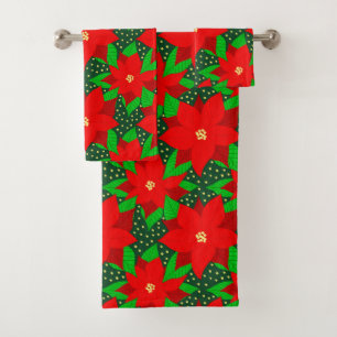 Red Poinsettia Flower Botanical Holiday Pattern Bath Towel Set