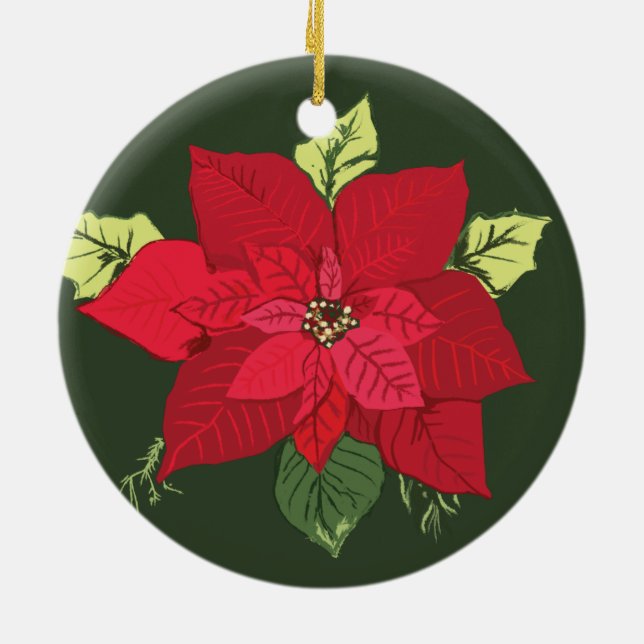 Red Poinsettia Flower Christmas Ceramic Ornament (Back)