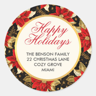 Red Poinsettia Flower Happy Holidays Christmas Classic Round Sticker