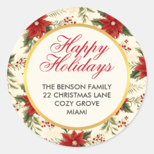 Red Poinsettia Flower Happy Holidays Christmas Classic Round Sticker