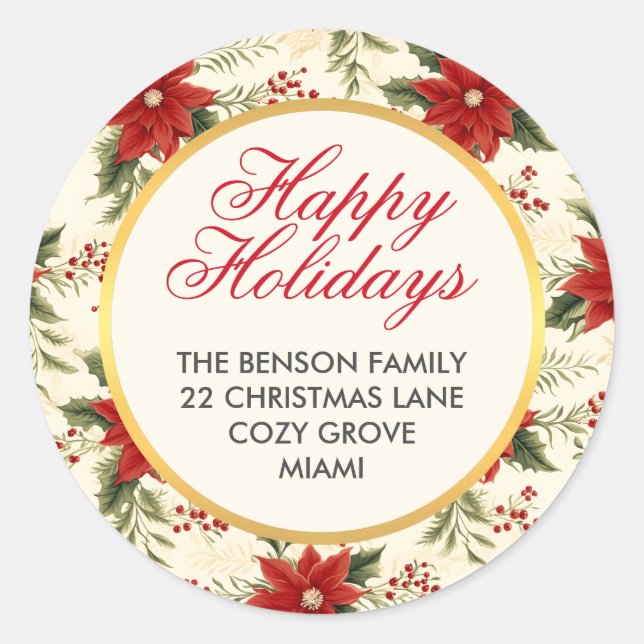 Red Poinsettia Flower Happy Holidays Christmas Classic Round Sticker (Front)