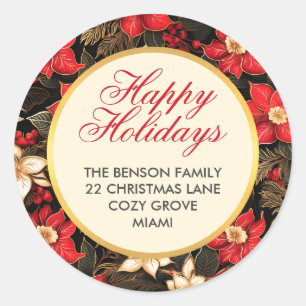 Red Poinsettia Flower Happy Holidays Christmas Classic Round Sticker