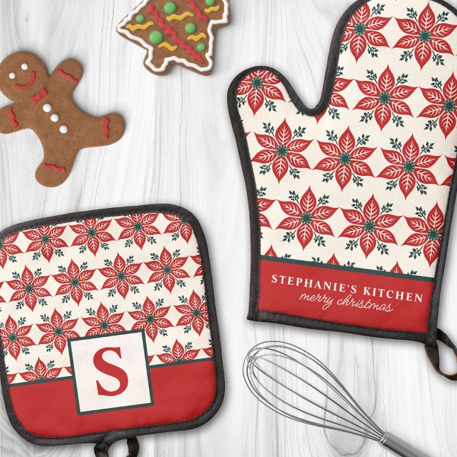 Red Poinsettia Flower Pattern Floral Monogrammed Oven Mitt & Pot Holder Set (Creator Uploaded)