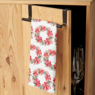 Red Poinsettia Flowers and Berry Wreath Kitchen Towel