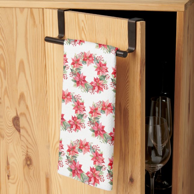 Red Poinsettia Flowers and Berry Wreath Kitchen Towel (Thirds Fold)