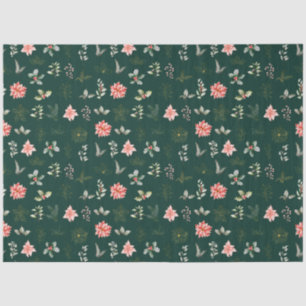 Red Poinsettia Flowers and Foliage on Dark Green Tissue Paper