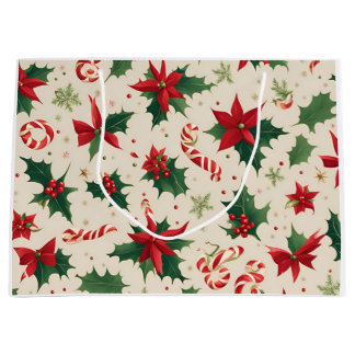 Red poinsettia flowers and holy leaves gift large gift bag