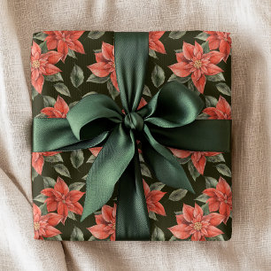 Red Poinsettia Flowers Festive Christmas Holidays Wrapping Paper