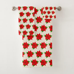 Red Poinsettia Flowers on Light Beige Bath Towel Set