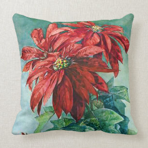 Red Poinsettia Flowers Vintage Throw Pillow