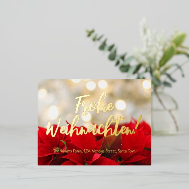 Red Poinsettia German Christmas Frohe Weihnachten Foil Holiday Postcard (Standing Front)