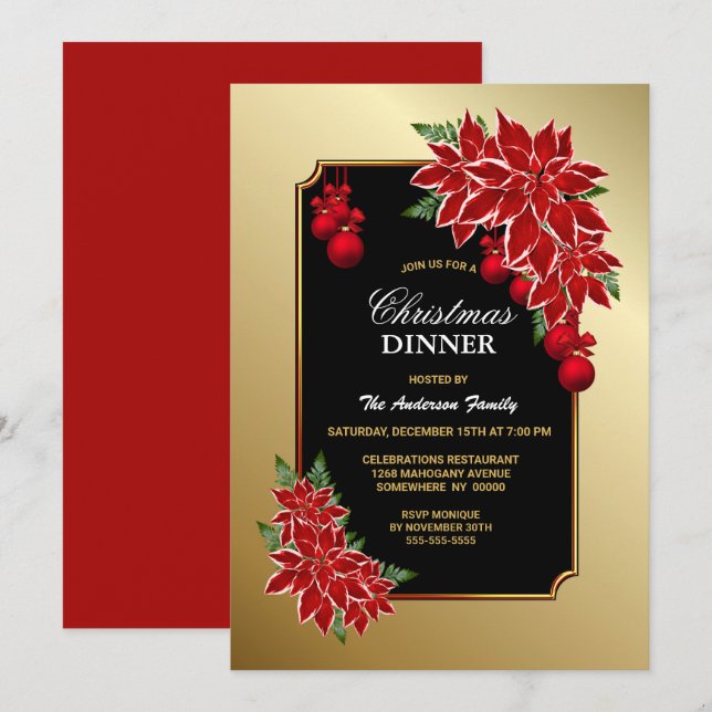 Red Poinsettia Gold Border Christmas Dinner Invitation (Front/Back)