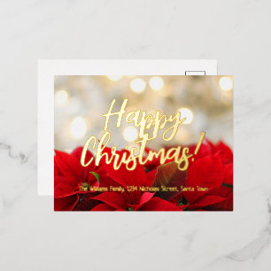 Red Poinsettia Gold Foil Script Happy Christmas Holiday Postcard