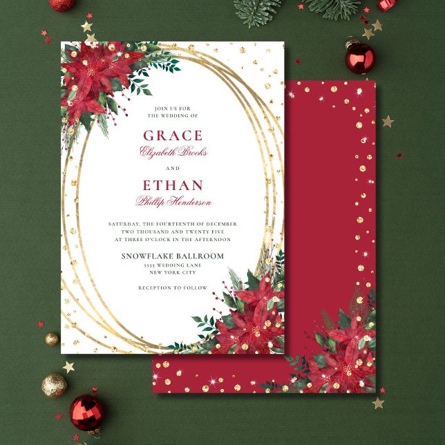 Red Poinsettia Gold Glitter Christmas Wedding Invitation (Creator Uploaded)