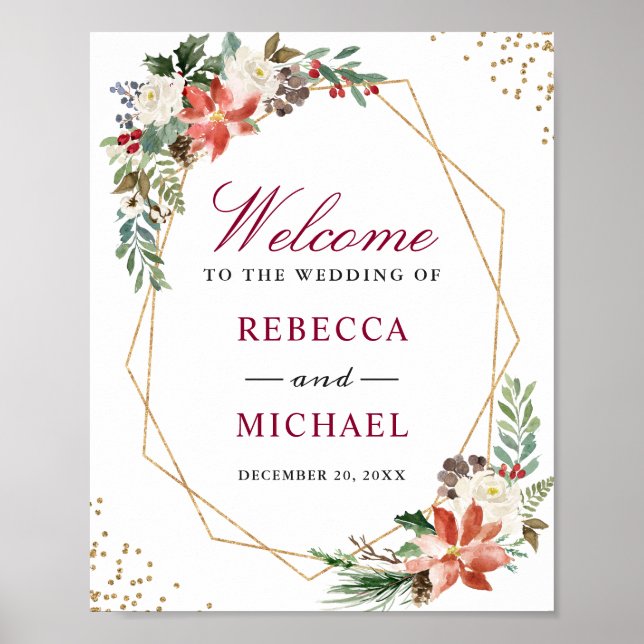 Red Poinsettia Gold Holiday Wedding Welcome Sign (Front)