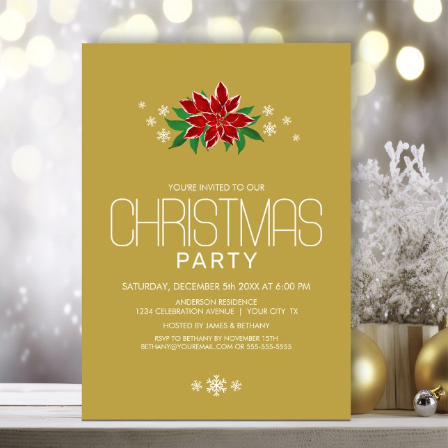 Red Poinsettia Gold Minimalist Christmas Party Invitation (Creator Uploaded)