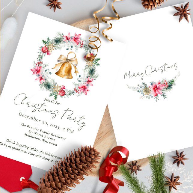 Red Poinsettia Gold Snowflakes Christmas Wreath Invitation (Creator Uploaded)