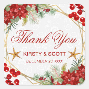 Red Poinsettia & Gold Star Christmas Wedding Square Sticker