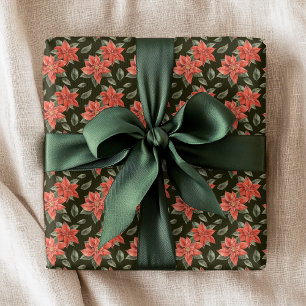 Red Poinsettia Green Christmas Floral Pattern Wrapping Paper
