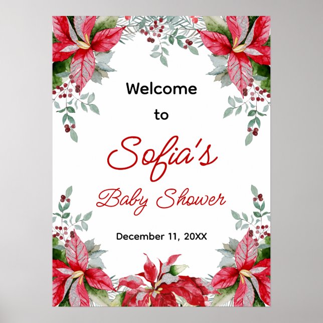 Red Poinsettia Greenery Baby Shower Welcome Sign (Front)
