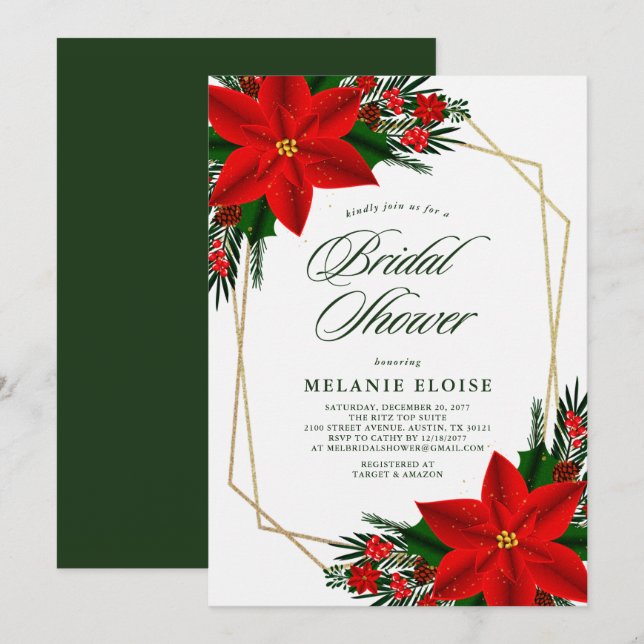 Red Poinsettia Greenery Christmas Bridal Shower Invitation (Front/Back)