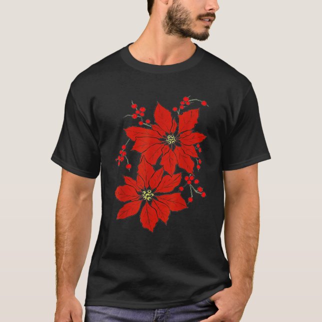 Red Poinsettia Happy Merry Christmas   T-Shirt (Front)