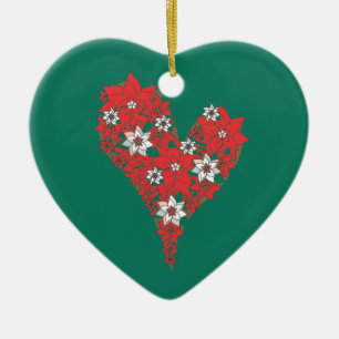 Red Poinsettia Heart Merry Christmas Ornament