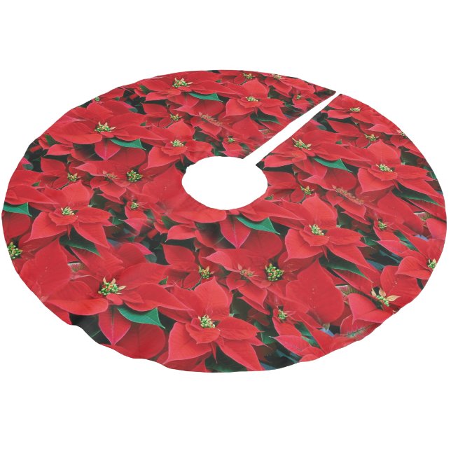 Red Poinsettia Holiday Brushed Polyester Tree Skirt (Angled)