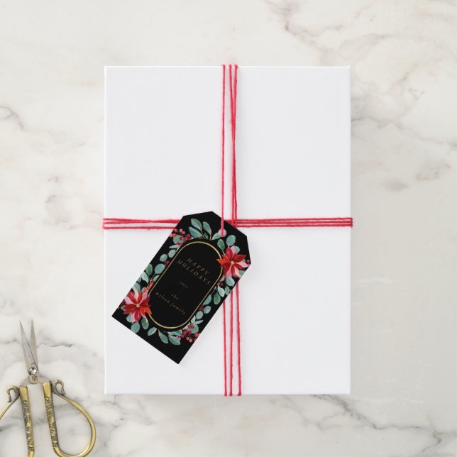 Red Poinsettia Holiday Floral Monogram Étiquettes  (Avec de la ficelle)