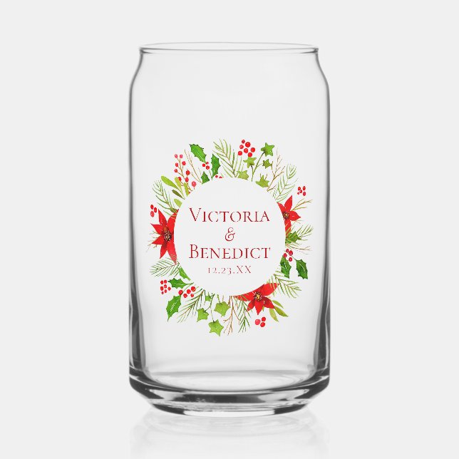 Red Poinsettia Holiday Wedding Personalized Can Glass (Front)