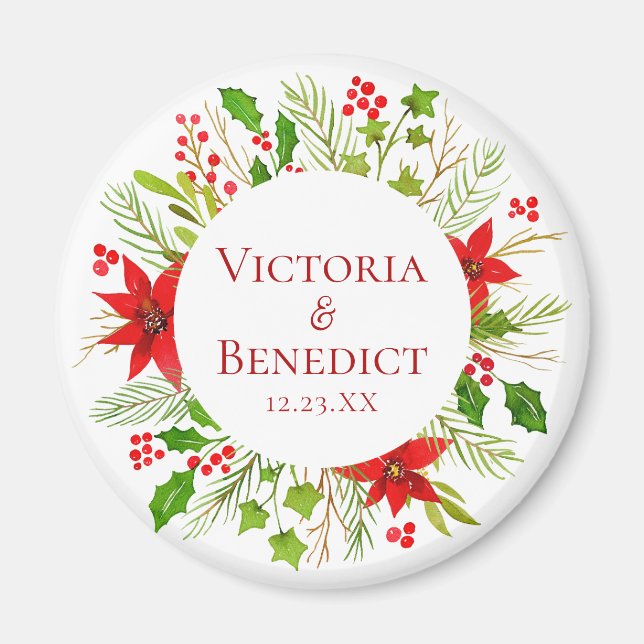 Red Poinsettia Holiday Wedding Personalized Magnet (Front)