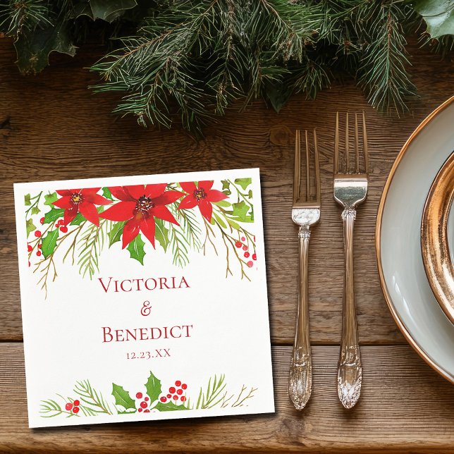 Red Poinsettia Holiday Wedding Personalized Napkin (Creator Uploaded)