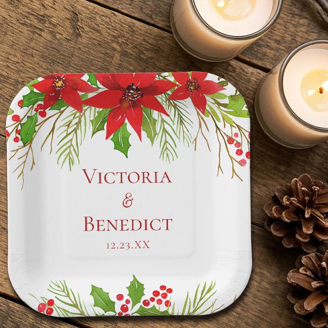 Red Poinsettia Holiday Wedding Personalized Paper Plate (Creator Uploaded)