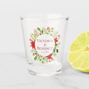 Red Poinsettia Holiday Wedding Personalized Shot Glass