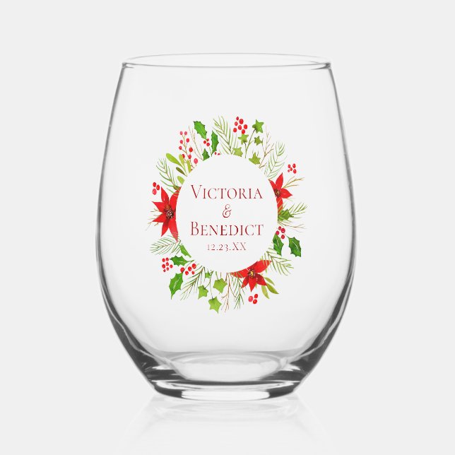 Red Poinsettia Holiday Wedding Personalized Stemless Wine Glass (Front)