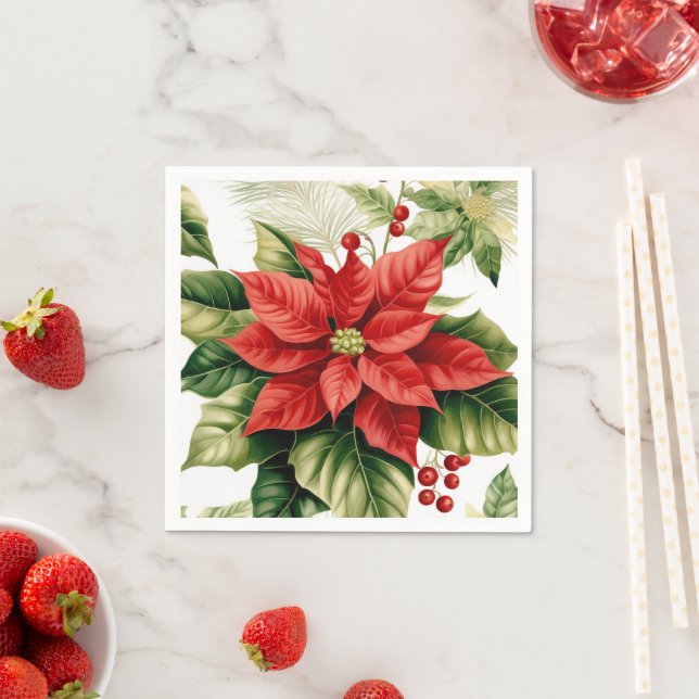 Red Poinsettia Holly Berries Christmas Holiday Napkin (Insitu)