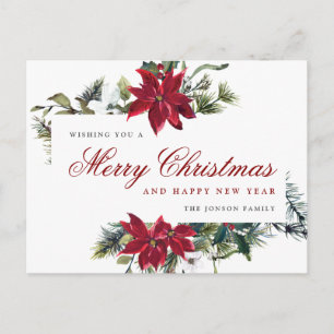 Red Poinsettia Holly Christmas Greeting Holiday Postcard