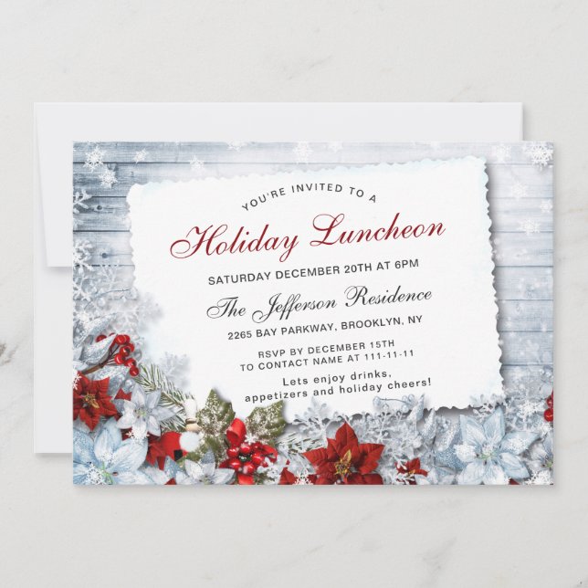 Red Poinsettia Holly Christmas Holiday Luncheon Invitation (Front)
