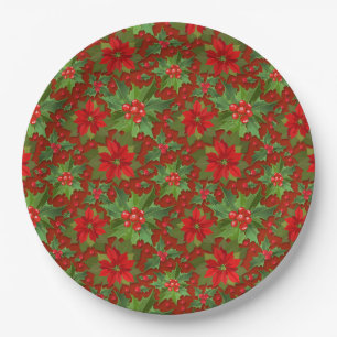 Red Poinsettia Holly Floral Pattern   Christmas Paper Plate