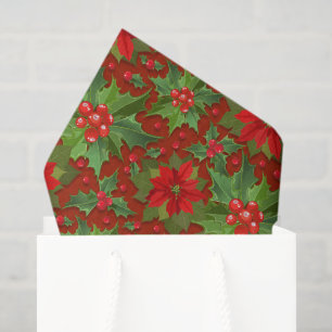 Red Poinsettia Holly Floral Pattern   Christmas Tissue Paper