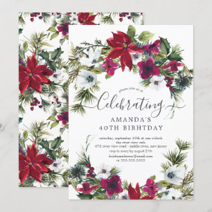 Red Poinsettia Holly Pine Birthday Party Invitation