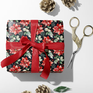 Red Poinsettia, Holly, Red Berries Christmas   Wrapping Paper